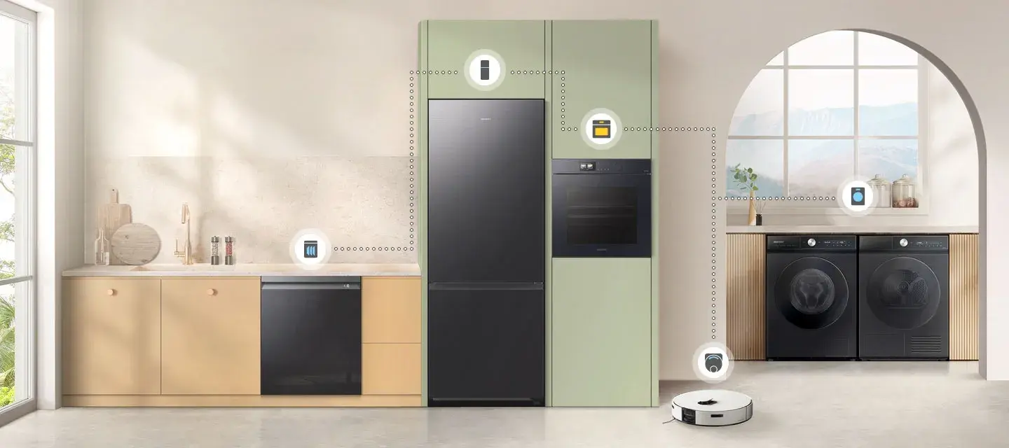 Wohnsituation mit virtuellen Verbindungslinien zwischen Spülmaschine, Kühlschrank, Backofen, Saugroboter und Waschmaschine/Trockner