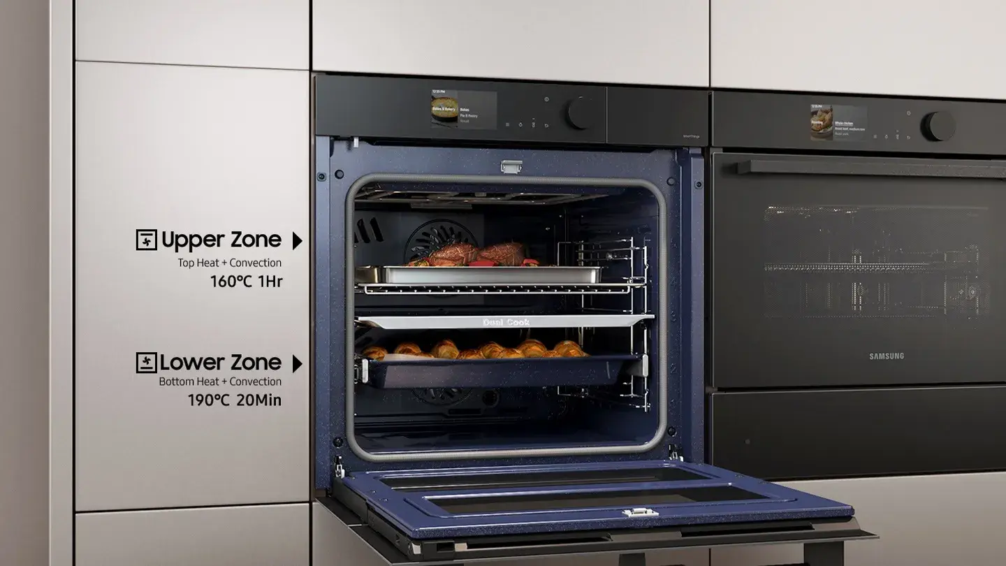Backofen gefüllt mit Speisen auf zwei verschiedenen Ebenen und Beschriftung Upper Zone bzw. Lower Zone