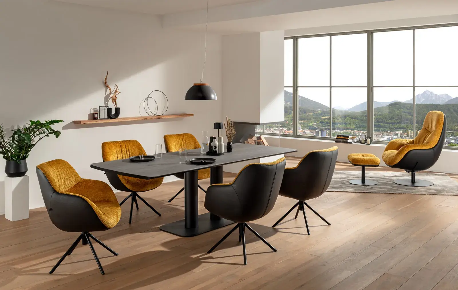 Lavida Tisch GERRIT mit Sitz-Sessel und Relax-Sessel Bicolor Leder Stoff Kombination Cognacfarben